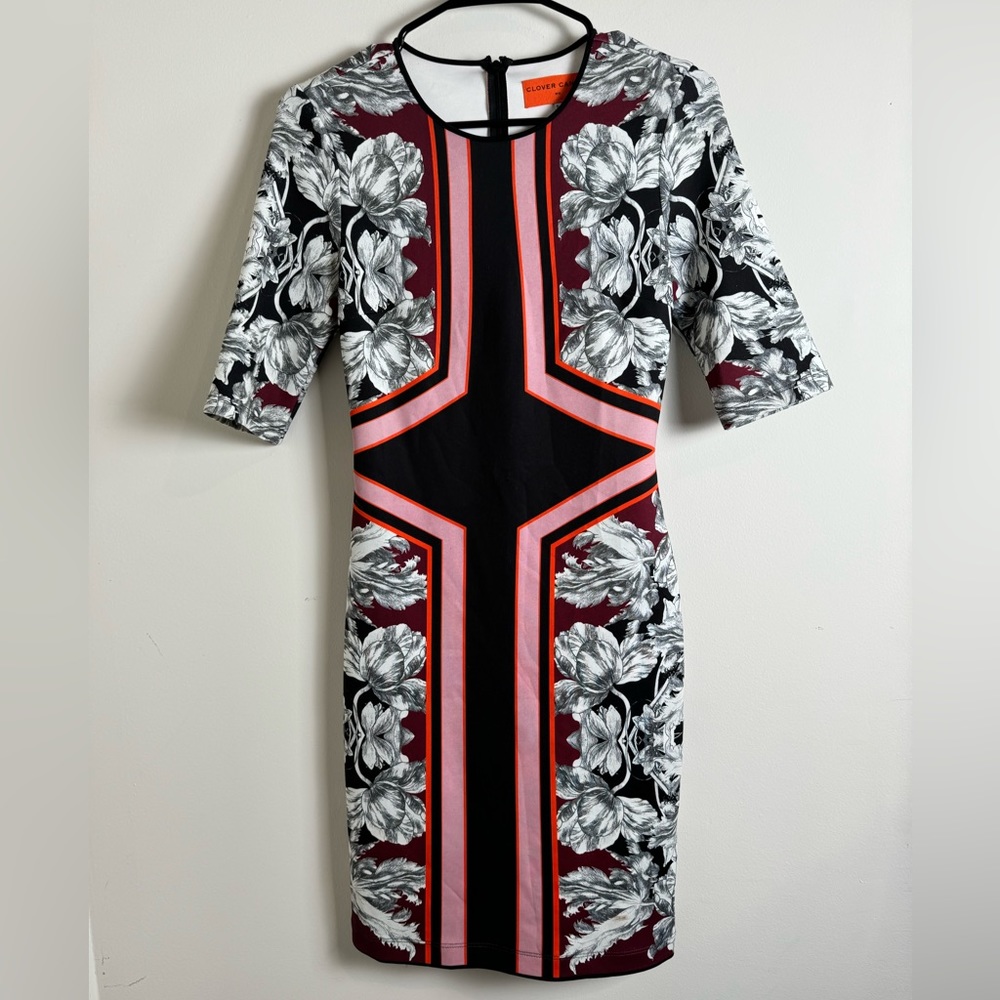 Clover Canyon Bodycon Floral Pink Black Red White Shift Dress S